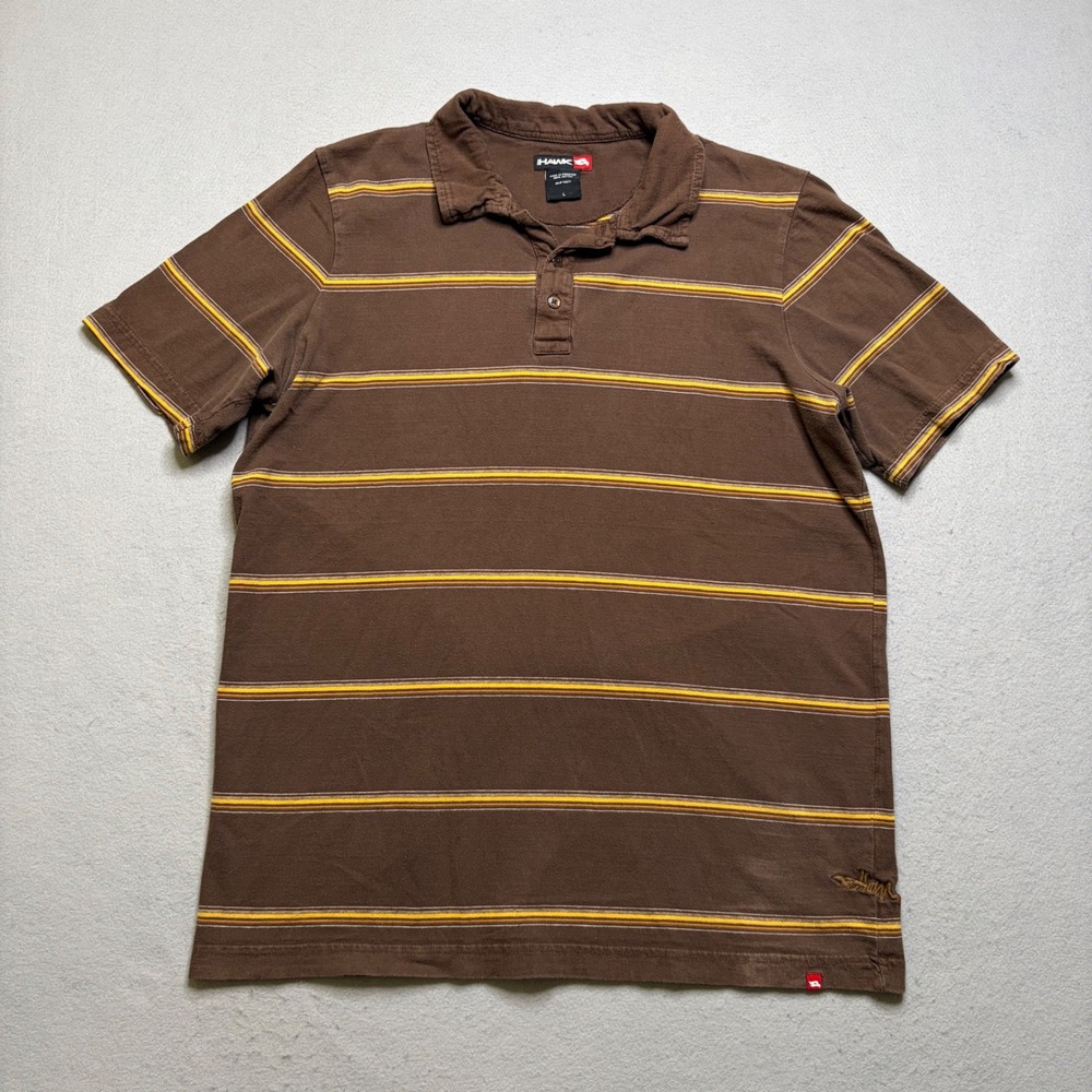 Tony Hawk Polo Shirt Mens L Brown Striped Vintage Y2K Skater Cotton Short Sleeve